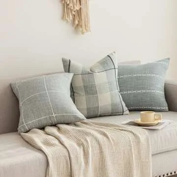 vctops Rustic Lattice Cotton Linen Decorative Throw Pillow Cover Embroidery Square Cushion Cover Pillowcase for Sofa Bedroom Couch (Grey White Plaid, 18"x18")