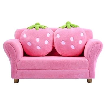 Costzon Kids Couch, Double Seat Pink Children's Sofa with 2 Strawberry Pillows, Toddler Armrest Chai...
