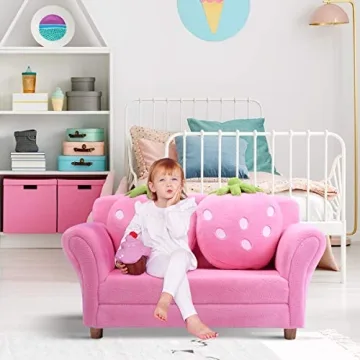 Costzon Pink Kids Couch with Strawberry Pillows for Toddlers