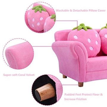 Costzon Pink Kids Couch with Strawberry Pillows for Toddlers