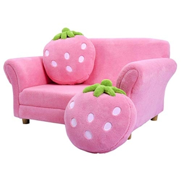 Costzon Pink Kids Couch with Strawberry Pillows for Toddlers