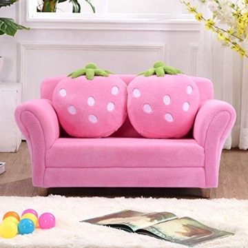 Costzon Pink Kids Couch with Strawberry Pillows for Toddlers