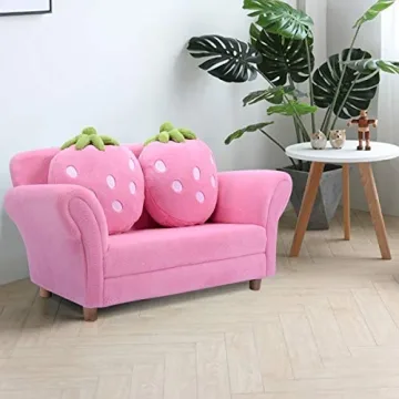 Costzon Pink Kids Couch with Strawberry Pillows for Toddlers