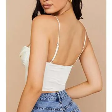 Meladyan Women Bustier Corset Top Spaghetti Strap Satin Cowl Neck Zip Back Boned Crop Cami Top Sexy Club Party Wear