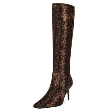 COMJUY Gold Leopard Print Knee High Boots Women 3.3in Stiletto High Heel, Cheetah Print Tall Dress B...