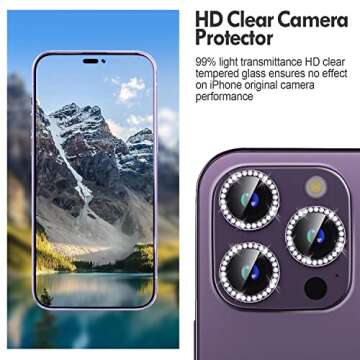 Xfilm for iPhone 14 Pro/iPhone 14 Pro Max Camera Lens Protector Bling, 9H Hardness Scratchproof Metal Individual Diamond Ring Protector, Stylish Accessories, Case Friendly (Deep Purple Diamond)