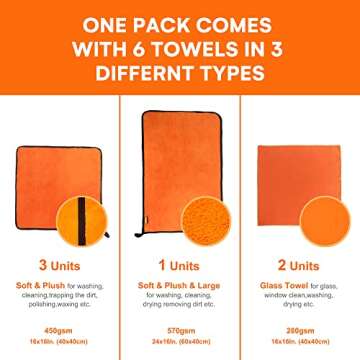 TIIKERI Microfiber Towels for Cars, 6-Piece Set - Includes Extra Large Microfiber Towel (1 Pack, 24"...