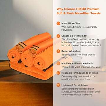 TIIKERI Microfiber Towels for Cars, 6-Piece Set - Includes Extra Large Microfiber Towel (1 Pack, 24"x16"), Dual-Sided Car Towels (3 Pack, 16"x16"), and Special Window Cleaning Towels (2 Pack, 16"x16")