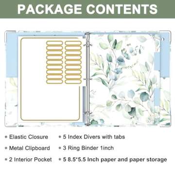 Mini 3 Ring Binder with Clipboard - Eucalyptus Leaf Design