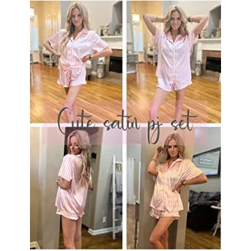 HOTOUCH Satin Button Down Pink Striped Pajamas Set