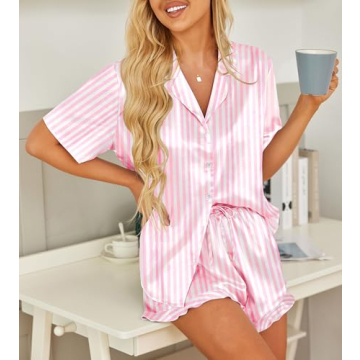 HOTOUCH Satin Button Down Pink Striped Pajamas Set