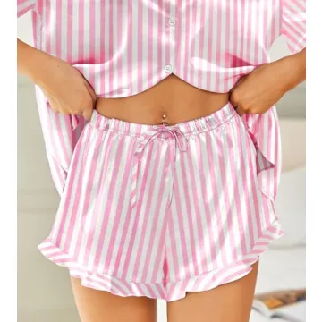 HOTOUCH Satin Button Down Pink Striped Pajamas Set