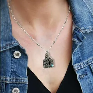 Wonderent Western Boho Cattle Tag Letter A-Z with Turquoise Pendant Initial Monogram Necklace (J)