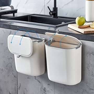 ELPHECO Kitchen Compost Bin, 9.5 Litre Hanging Trash Can with Lid, Kitchen Cabinet Door Under Sink Plastic Garbage Can Compost Bin Wall Mounted Slide Open, 2.5 Gallon Under Kitchen Counter Bin, White