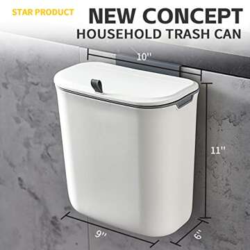 ELPHECO Kitchen Compost Bin, 9.5 Litre Hanging Trash Can with Lid, Kitchen Cabinet Door Under Sink Plastic Garbage Can Compost Bin Wall Mounted Slide Open, 2.5 Gallon Under Kitchen Counter Bin, White