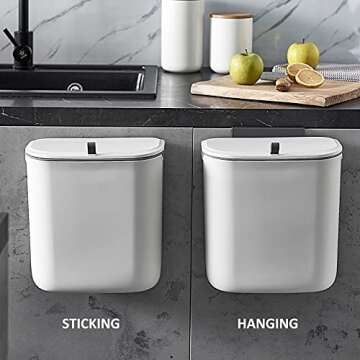 ELPHECO Kitchen Compost Bin, 9.5 Litre Hanging Trash Can with Lid, Kitchen Cabinet Door Under Sink Plastic Garbage Can Compost Bin Wall Mounted Slide Open, 2.5 Gallon Under Kitchen Counter Bin, White