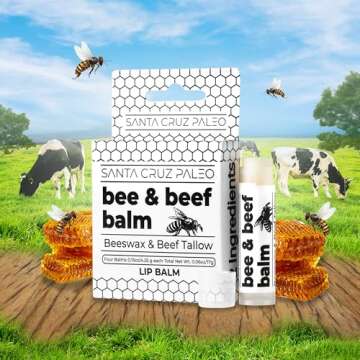 Santa Cruz Paleo Grass Fed Beef Tallow & Beeswax Lip Balm, 4 Pack, Beef Tallow for Skin Care Moistur...