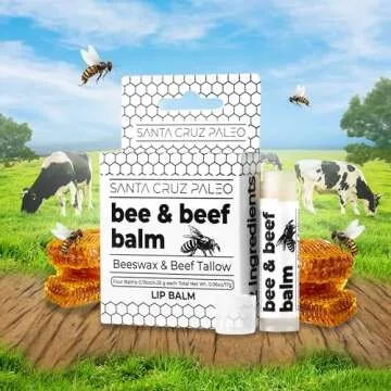 Santa Cruz Paleo Grass Fed Beef Tallow & Beeswax Lip Balm, 4 Pack, Beef Tallow for Skin Care Moistur...