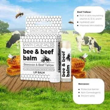 Santa Cruz Paleo Grass Fed Beef Tallow & Beeswax Lip Balm, 4 Pack, Beef Tallow for Skin Care Moisturizer, Lip Care for Dry Chapped Lips, Hypoallergenic for Sensitive Skin, Long Lasting & Vitamin Rich