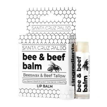 Santa Cruz Paleo Grass Fed Beef Tallow & Beeswax Lip Balm, 4 Pack, Beef Tallow for Skin Care Moisturizer, Lip Care for Dry Chapped Lips, Hypoallergenic for Sensitive Skin, Long Lasting & Vitamin Rich