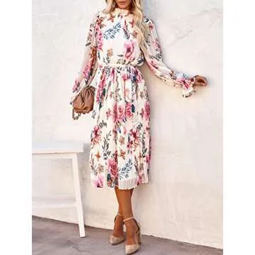 ANRABESS Women's Floral Midi Dress Puff Long Sleeve Casual Ruffle Chiffon A-Line Swing Pleated Belte...