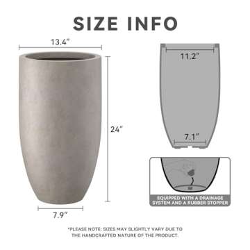 Kante 24 Inch Tall Round Concrete Planter, Large Indoor Outdoor Plant Pots with Drainage Hole and Ru...
