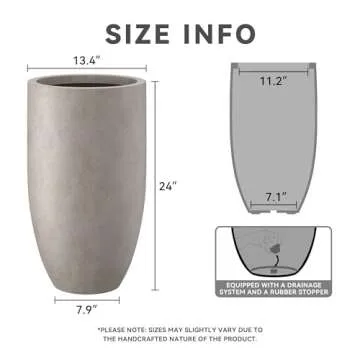 Kante 24 Inch Tall Round Concrete Planter, Large Indoor Outdoor Plant Pots with Drainage Hole and Ru...