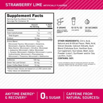 Optimum Nutrition Amino Energy - Pre Workout with Green Tea, BCAA, Amino Acids, Keto Friendly, Green Coffee Extract, Energy Powder - Strawberry Lime, 30 Servings (Packaging May Vary)