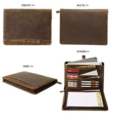 Ringsun Leather Portfolio Organizer with Zipper for Men Women, Leather Padfolio Business Resume Legal Pad Portfolio Notebook Binder for A4/Pad, Leather Folio Leather Folder, Brown