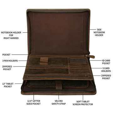 Ringsun Leather Portfolio Organizer with Zipper for Men Women, Leather Padfolio Business Resume Legal Pad Portfolio Notebook Binder for A4/Pad, Leather Folio Leather Folder, Brown