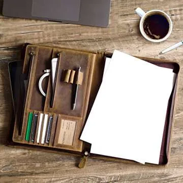 Ringsun Leather Portfolio Organizer with Zipper for Men Women, Leather Padfolio Business Resume Legal Pad Portfolio Notebook Binder for A4/Pad, Leather Folio Leather Folder, Brown