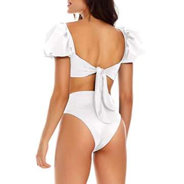 Fisoew Women's High Waist Bikini Sets Tie Knot Tummy Control Swimwear 2 Piece Swimsuits White