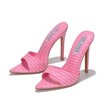 Cape Robbin Letter Slip On Stiletto High Heels for Women, Women's Pointy Toe Heeled Sandals -Pink Size 8