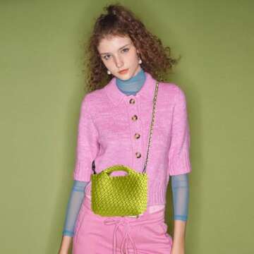 OUYGZOU Woven Bag for Women with Coin Purse Fashion Handbag Female Shoulder Bag Foldable Chain Small Tote Crossbody Bags (Fruit green)