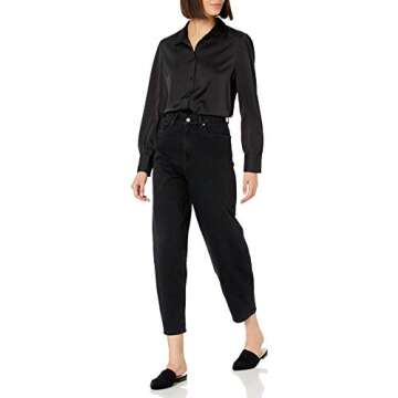 The Drop Women's @Lucyswhims Long-Sleeve Button Down Stretch Satin Shirt, Black, Medium