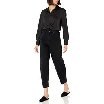 The Drop Women's @Lucyswhims Long-Sleeve Button Down Stretch Satin Shirt, Black, Medium