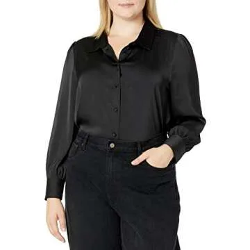 The Drop Women's @Lucyswhims Long-Sleeve Button Down Stretch Satin Shirt, Black, Medium