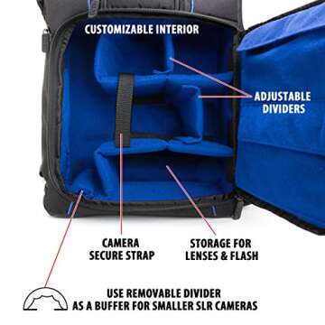USA GEAR DSLR Camera Backpack Case - 15.6 inch Laptop Compartment, Padded Custom Dividers, Tripod Holder, Rain Cover, Long-Lasting Durability and Storage Pockets - Compatible with Many DSLRs (Blue)
