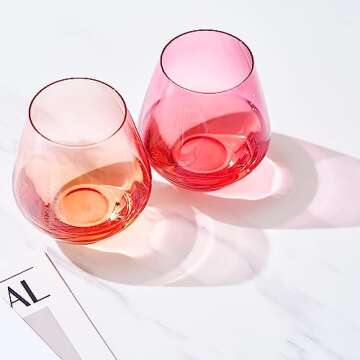 Coral & Fuchsia Colored Wine Glassware | Set of 2 | Large 16oz Stemless Glasses - Coral Peach Pink I...
