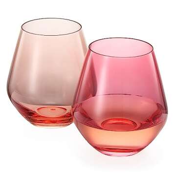 Coral & Fuchsia Colored Wine Glassware | Set of 2 | Large 16oz Stemless Glasses - Coral Peach Pink Italian Style Wine, Margarita, Tumbler, Water, Hand-Blown Glass