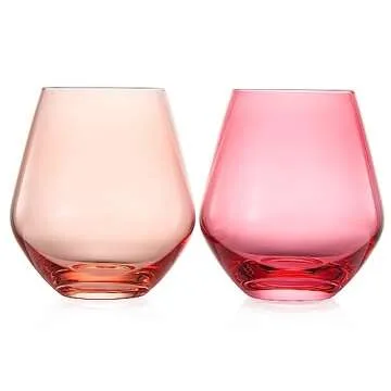 Coral & Fuchsia Colored Wine Glassware | Set of 2 | Large 16oz Stemless Glasses - Coral Peach Pink Italian Style Wine, Margarita, Tumbler, Water, Hand-Blown Glass