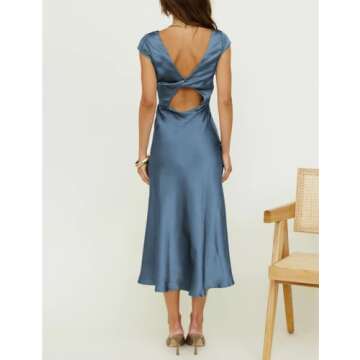 Women's Summer Satin Elegance Backless Twist Cap Sleeves Midi Dress 2025 Sexy Cowl Neck Slit Cocktail Wedding Guest Dresses Aqua