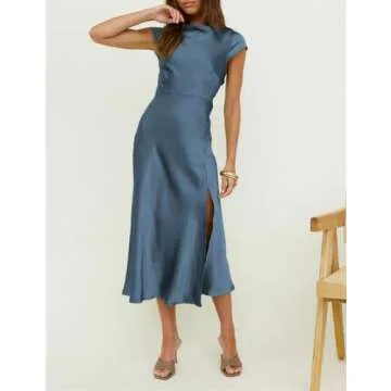 Women's Summer Satin Elegance Backless Twist Cap Sleeves Midi Dress 2025 Sexy Cowl Neck Slit Cocktail Wedding Guest Dresses Aqua