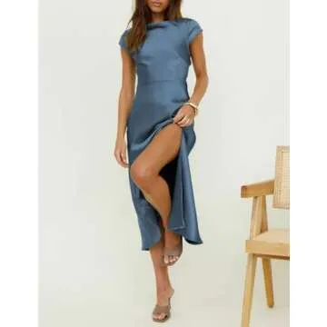 Women's Summer Satin Elegance Backless Twist Cap Sleeves Midi Dress 2025 Sexy Cowl Neck Slit Cocktail Wedding Guest Dresses Aqua