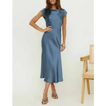 Women's Summer Satin Elegance Backless Twist Cap Sleeves Midi Dress 2025 Sexy Cowl Neck Slit Cocktail Wedding Guest Dresses Aqua