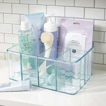STORi Plastic Vanity Organizer | 5-Compartments | Storage Bin for Makeup Brushes, Palettes, and Beauty Supplies | Keep Bath Products Organized on a Counter or Under The Sink | Ocean Mist