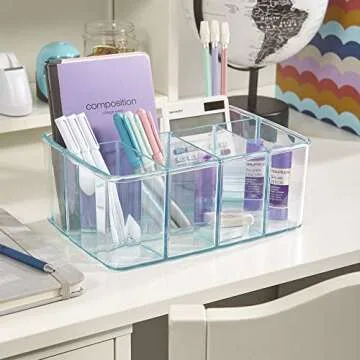 STORi Plastic Vanity Organizer | 5-Compartments | Storage Bin for Makeup Brushes, Palettes, and Beauty Supplies | Keep Bath Products Organized on a Counter or Under The Sink | Ocean Mist
