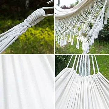 HAOLAIWU Hammock Boho Large Brazilian Macrame Fringe 2 Person Double Deluxe Hammock Swing,Perfect for Camping Outdoor/Indoor Patio Travel Bedroom Backyard(White)