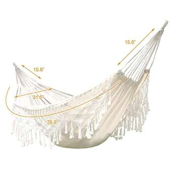 HAOLAIWU Hammock Boho Large Brazilian Macrame Fringe 2 Person Double Deluxe Hammock Swing,Perfect for Camping Outdoor/Indoor Patio Travel Bedroom Backyard(White)