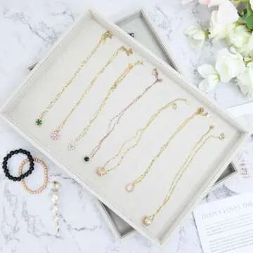 JETEHO Jewelry Tray for Drawers Linen Jewelry Display Tray Stackable Jewelry Trays Stackable Jewelry Organizer Trays for Necklace Bracelet Ring Watch Tray Felt Jewelry Tray(2 Pack)